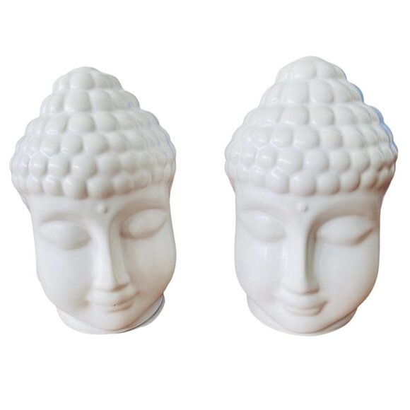 NEW Set of 2 Small White Buddha Head Ceramic Statues - Picture 1 of 11